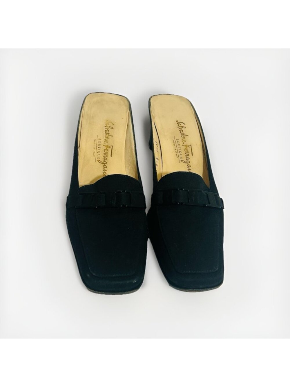 Salvatore Ferragamo Boutique Black Square Toe Kitten Heel Mules Size 8 1/2 4A